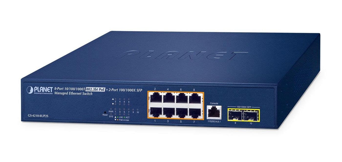 PLANET GS-4210-8UP2S IPv6/IPv4, 8-Port 10/100/1000T 802.3bt 95W PoE + 2-Port 100/1000X SFP Managed Ethernet Switch