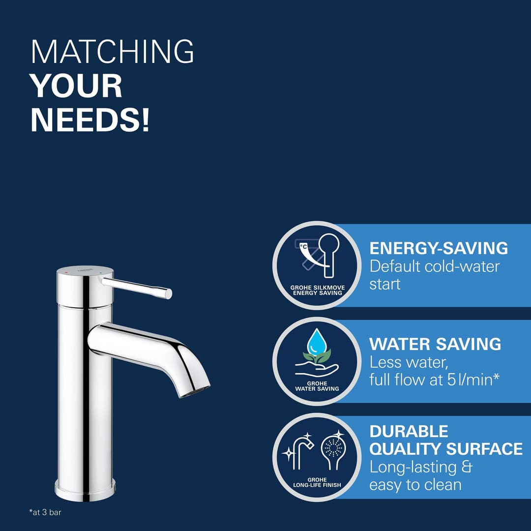 GROHE Essence Single-Lever Basin Mixer Tap with Push-Open Pop-Up Waste Set, S-Size - Chrome (23797001) - Image 3
