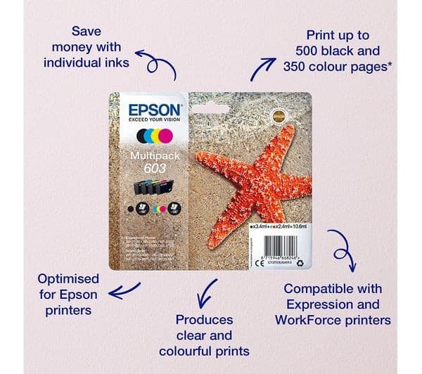 EPSON 603 Starfish Cyan, Magenta, Yellow & Black Ink Cartridges - Multipack - Image 2