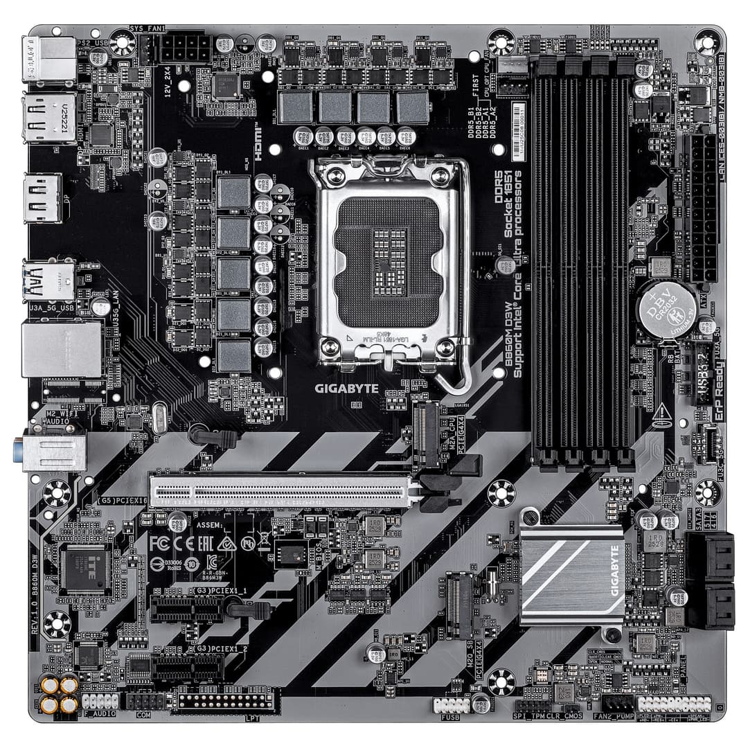 GIGABYTE B860M D3W Micro-ATX Motherboard - LGA1851 Socket, Intel Core Ultra Series CPUs, 4+1+2 Phases VRM, up to 9066MHz DDR5, 2xPCIe 4.0 M.2, 1GbE LAN, USB 3.2 Gen 1 - Image 2
