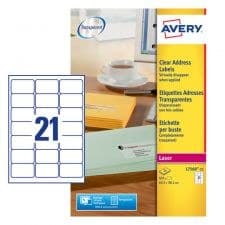 Avery L7560-25 Clear Laser Address Labels 63.5 x 38.1mm 25 sheets - 21 Labels per Sheet (525 Labels) - Image 1