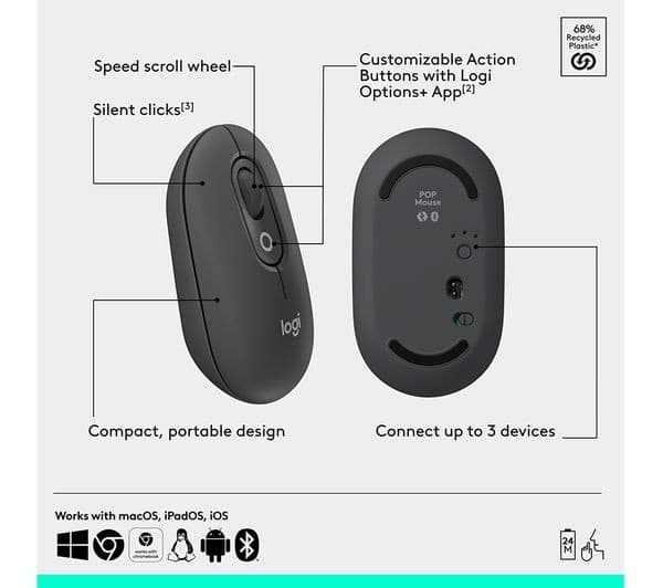 Logitech Pop Icon Wireless Optical Mouse - Black - Image 6