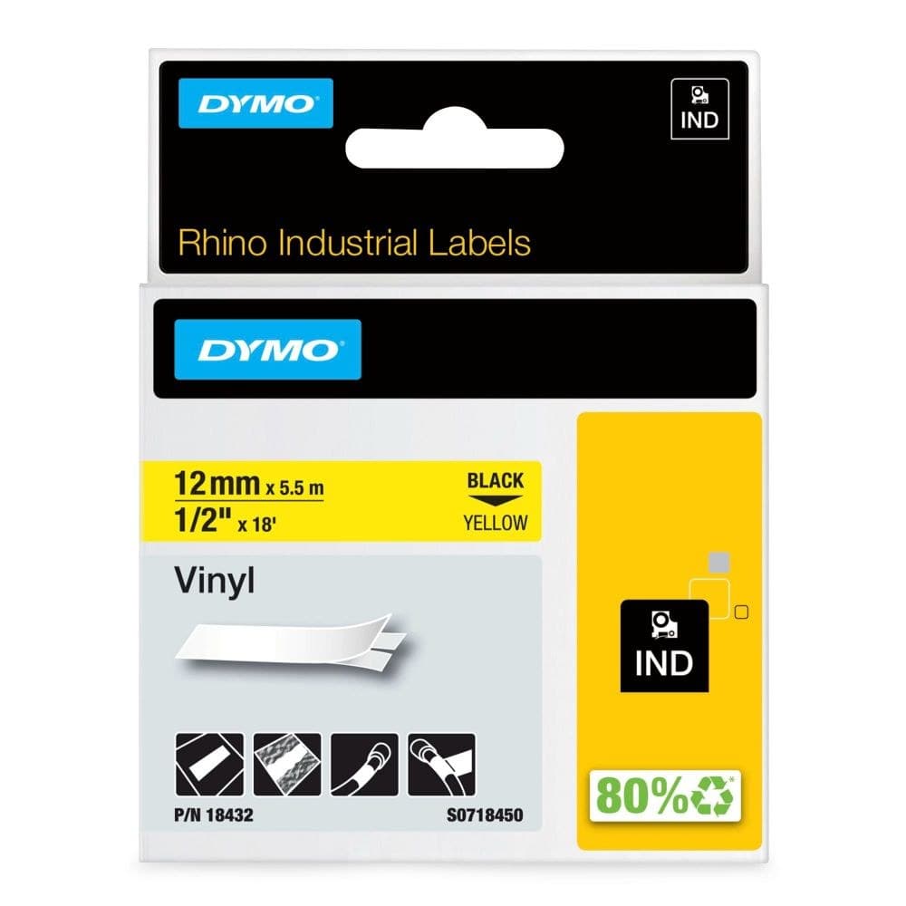 Dymo Rhino 18432 12mm x 5.5m Black on Yellow Vinyl Tape - S0718450 - Image 1