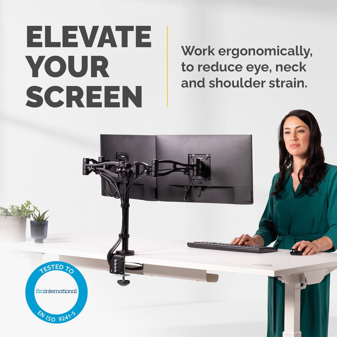 Fellowes Vista Dual Monitor Arm - Monitor Mount for 10KG 26 inch Screens - Ergonomic Adjustable Monitor Arm Desk Mount - Pan 180° Rotation 360°, VESA 75 x 75/100 x 100 - Black - Image 2