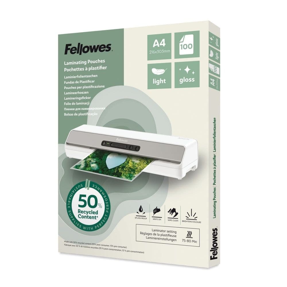 Fellowes Recycled A4 Laminating Pouches Gloss 80 Micron Pack of 100 100142987