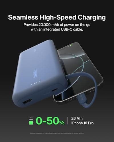 Belkin BoostCharge 20000mAh Power Bank with Integrated USB-C Cable - Blue - Image 5