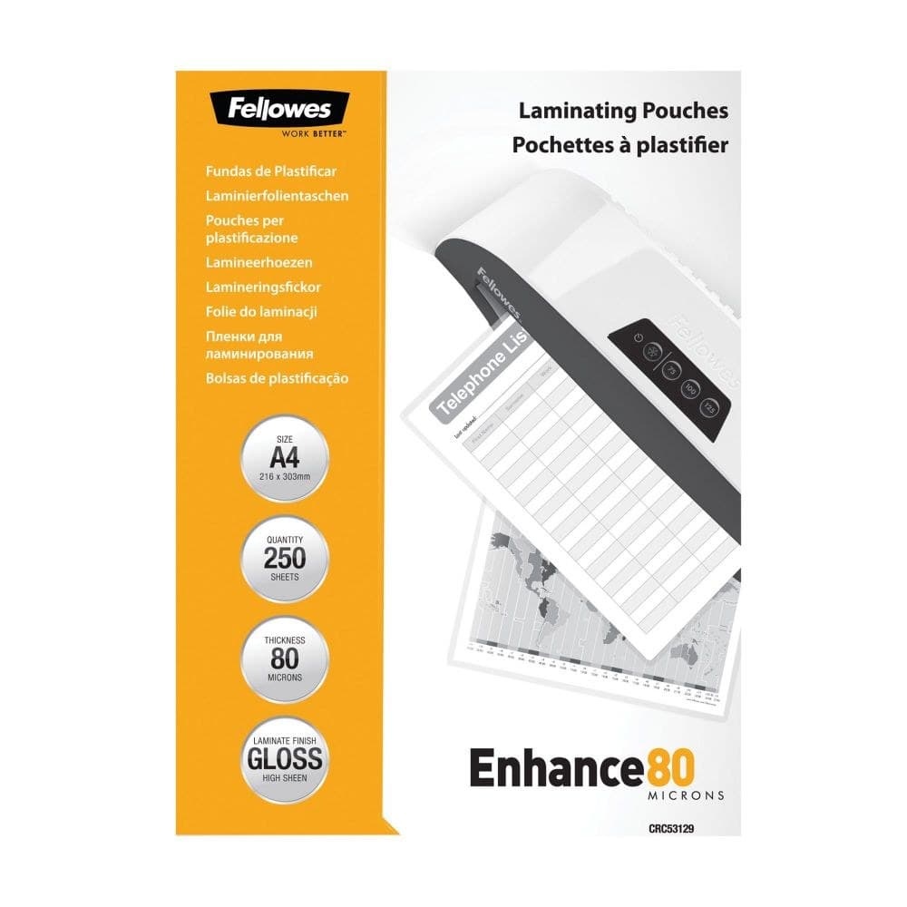 Fellowes Enhance80 5312903 A4 80 Micron (160 Micron Total) Gloss Laminating Pouches 250pk - Image 1
