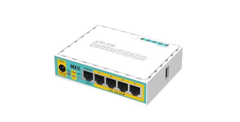 MikroTik RouterBOARD hEX PoE lite RB750UPr2 with 5x 10/100 Ethernet Ports (4x PoE Out), USB, 650MHz CPU, 64MB RAM, RouterOS L4, plastic case and PSU
