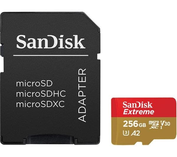 SanDisk Extreme 256 GB microSDXC Memory Card with SD Adapter (190MB/s Read, 130MB/s Write, Class 10, U3, V30, A2) - Image 1