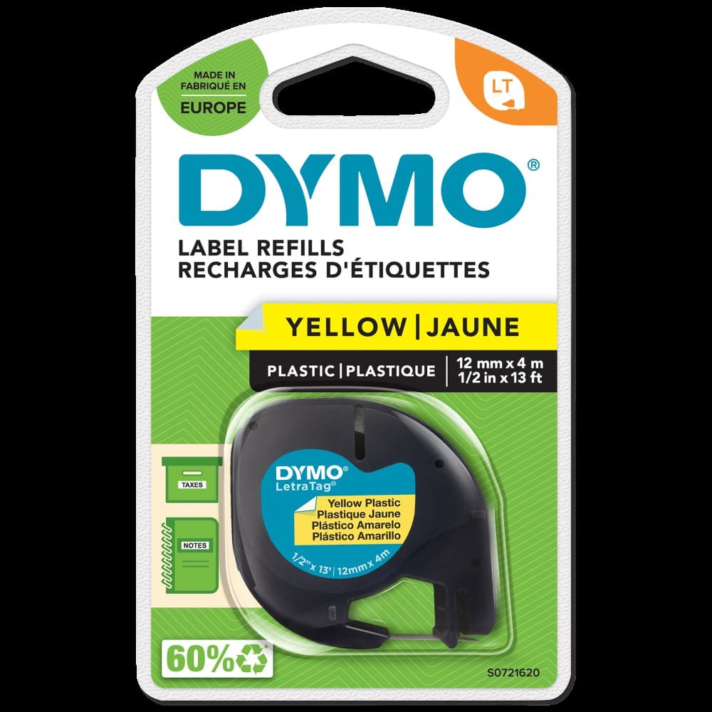 Dymo 91202 12mmx4m Black On Yellow Plastic Tape