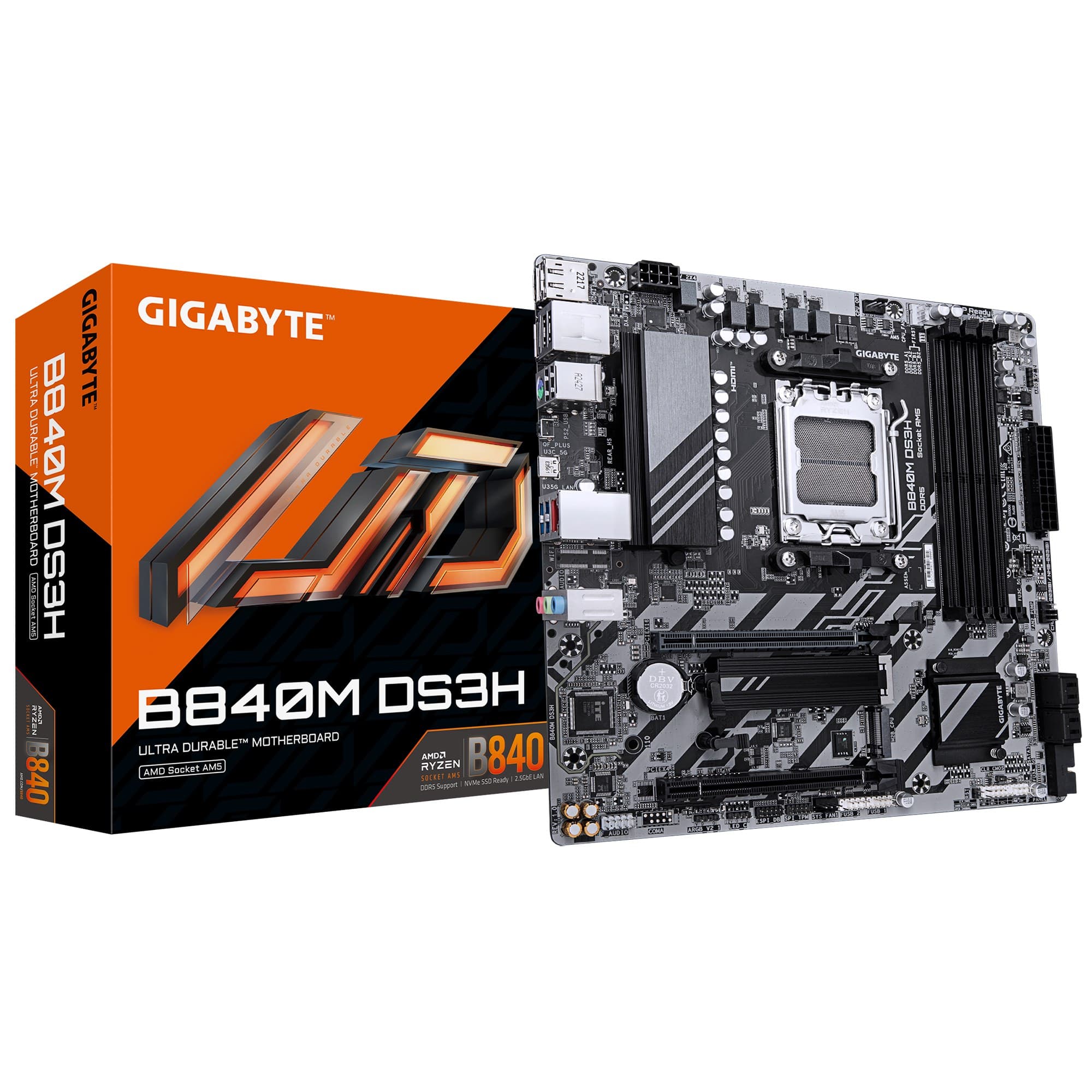 GIGABYTE B840M DS3H Motherboard - AMD B840, Socket AM5, Micro-ATX, AMD Ryzen 9000/8000/7000 CPUs, 8+2+2 Phases VRM, up to 8200MHz DDR5 (O.C), 2xPCIe 4.0 M.2, 2.5GbE LAN, USB 3.2 Gen 1