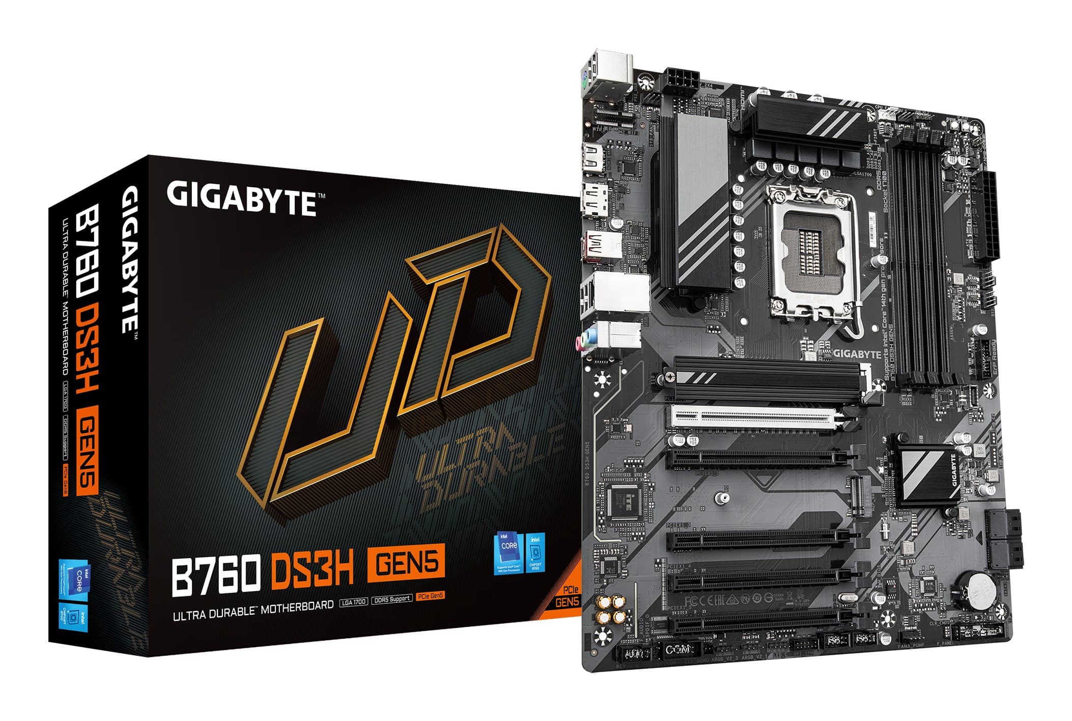 GIGABYTE B760 DS3H GEN5 Intel B760 Express ATX LGA 1700 Motherboard - Supports Intel Core 14th Gen CPUs, 8+2+1 Phases Digital VRM, up to 5600MHz DDR5, 2xPCIe 4.0 M.2, 1GbE LAN, USB 3.2 Gen 2x2