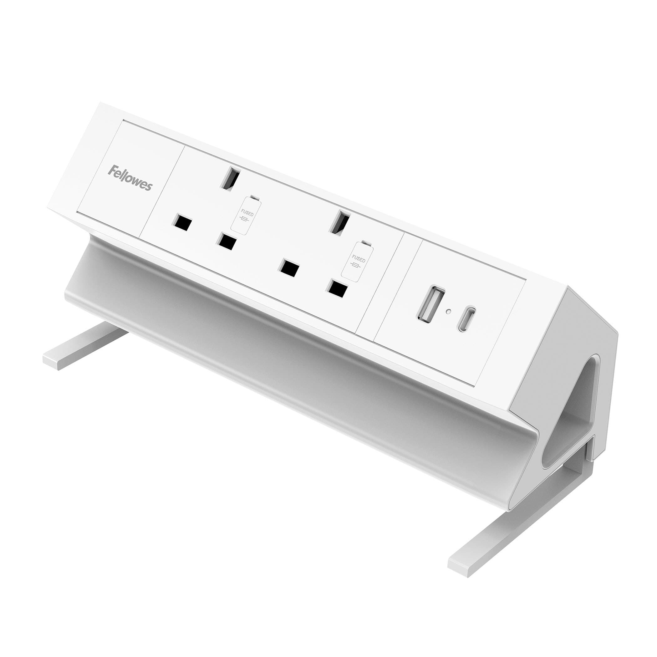 Fellowes Power Desk 2 Desktop Power Module - 2 Power Sockets (230V), 1 USB-A (18W) & 1 USB-C (30W) Ports - Top-Mount Desk Clamp 10-45mm, 2m Cable - White - 100137181