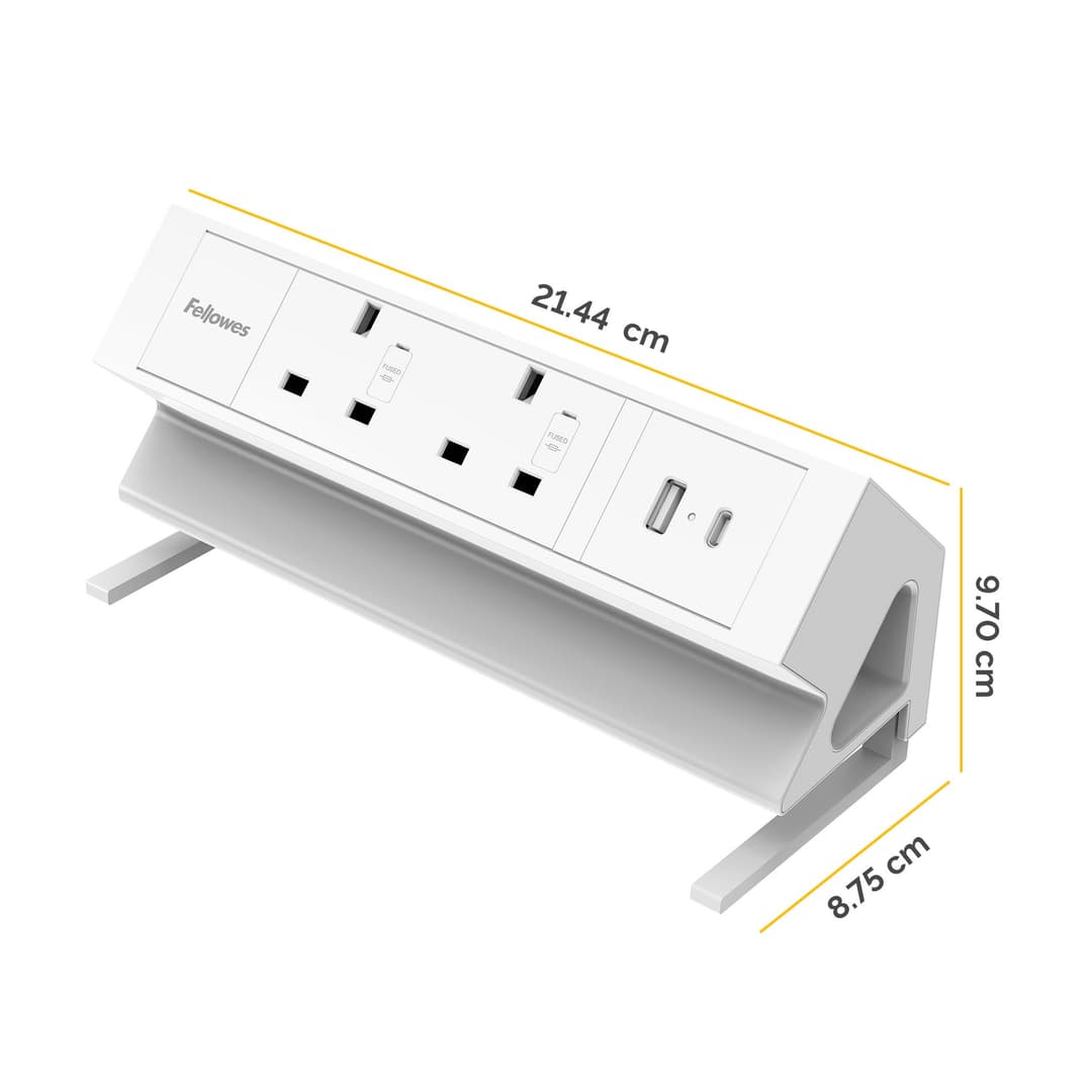 Fellowes Power Desk 2 Desktop Power Module - 2 Power Sockets (230V), 1 USB-A (18W) & 1 USB-C (30W) Ports - Top-Mount Desk Clamp 10-45mm, 2m Cable - White - 100137181 - Image 3