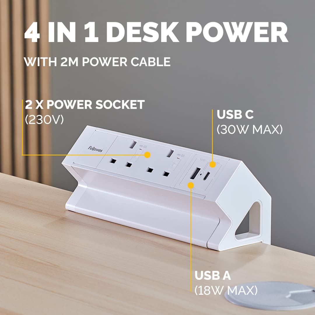 Fellowes Power Desk 2 Desktop Power Module - 2 Power Sockets (230V), 1 USB-A (18W) & 1 USB-C (30W) Ports - Top-Mount Desk Clamp 10-45mm, 2m Cable - White - 100137181 - Image 4