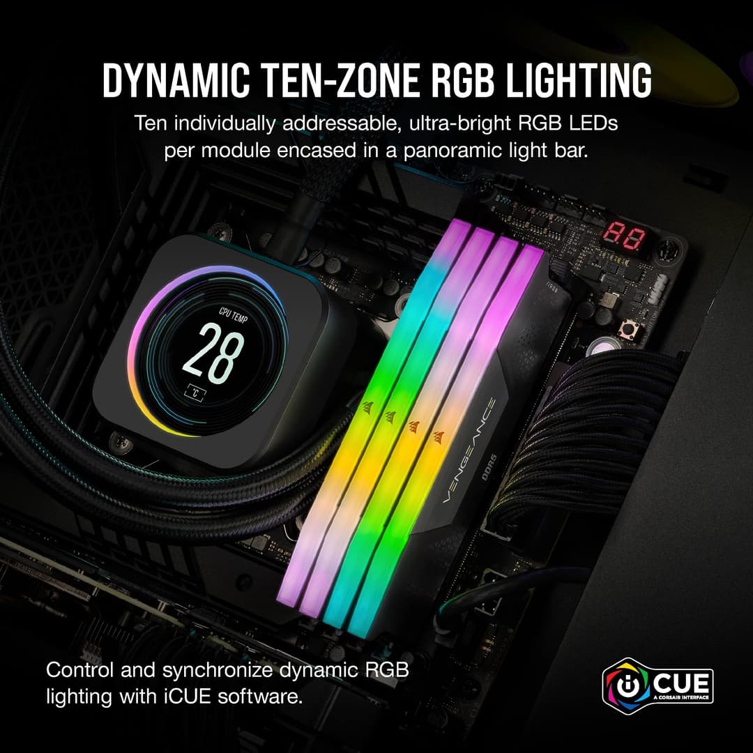 Corsair Vengeance RGB DDR5 RAM 16GB (2x8GB) Up to 5200MHz CL40 Intel XMP iCUE Compatible Computer Memory - Black - Image 4