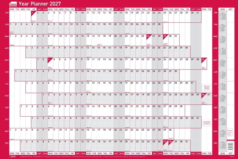 Sasco 2027 Unmounted Original Year Wall Planner 915 x 610mm - Image 1