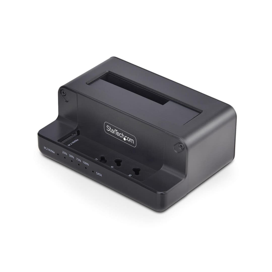 StarTech.com M.2 NVMe to 2.5/3.5" SATA Drive Duplicator, Dual Bay Standalone SSD Cloner/Drive Dock, Bidirectional NVMe to SATA / SATA to NVMe, Up to 27GBpm, TAA - Image 1