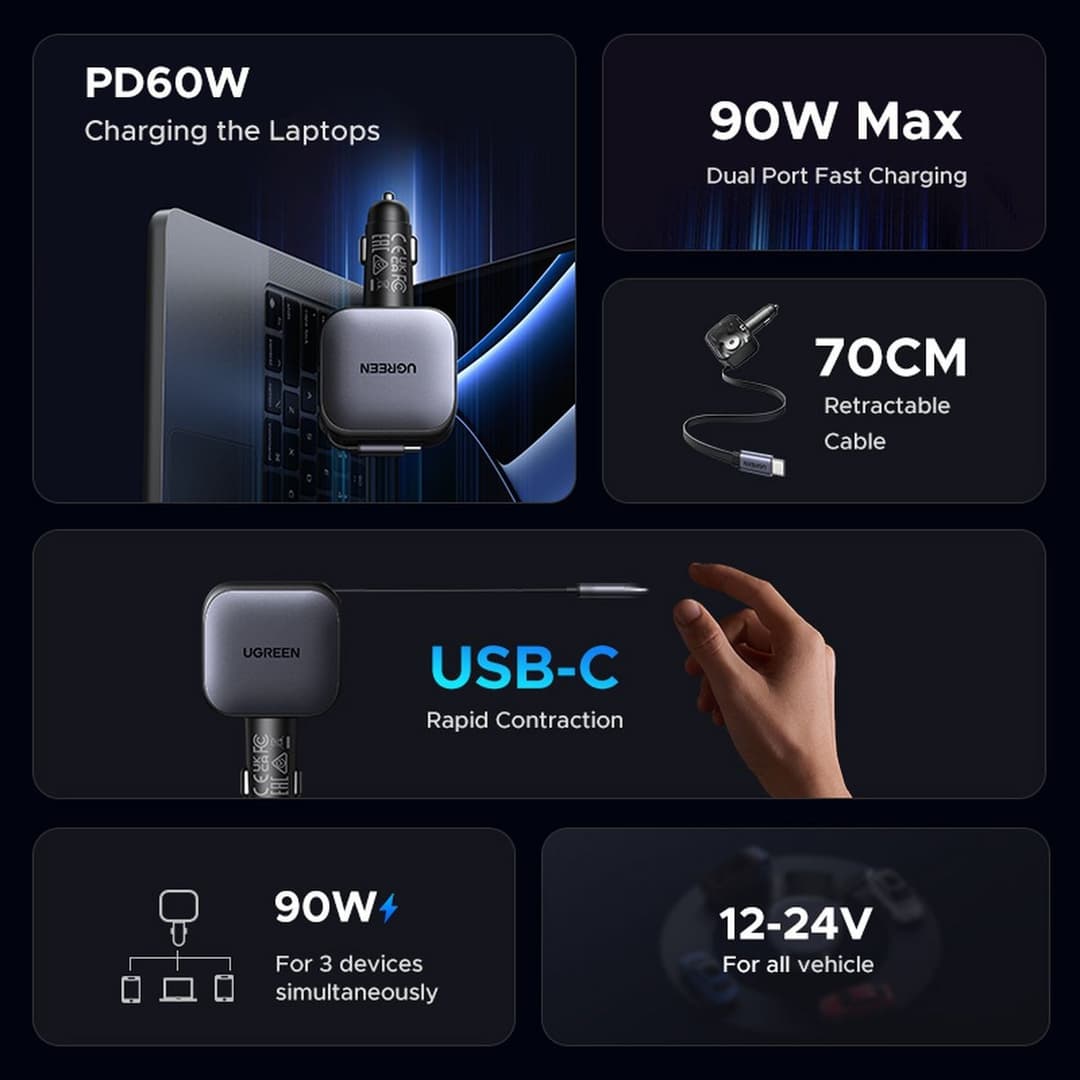 UGREEN 90W Car Charger with 60W Retractable USB-C Cable - Image 3