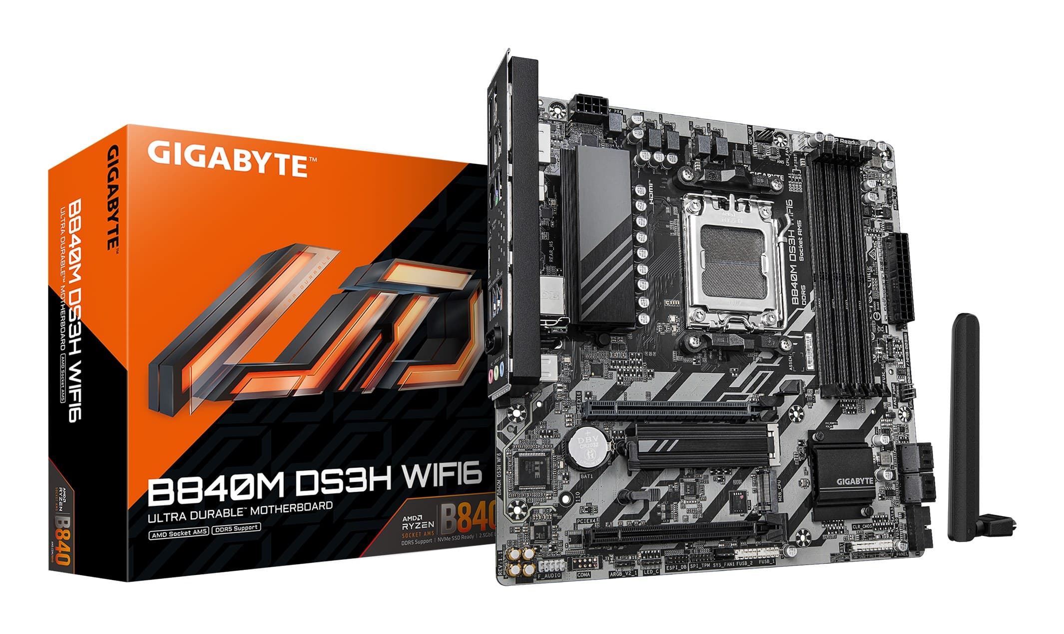 GIGABYTE B840M DS3H WIFI6 Micro-ATX Motherboard - AMD B840 Chipset, Socket AM5, AMD Ryzen 9000 CPUs, 8+2+2 Phases VRM, up to 8200MHz DDR5 (O.C.), 2xPCIe 4.0 M.2, Wi-Fi 6, 2.5GbE LAN, USB 3.2 Gen 1