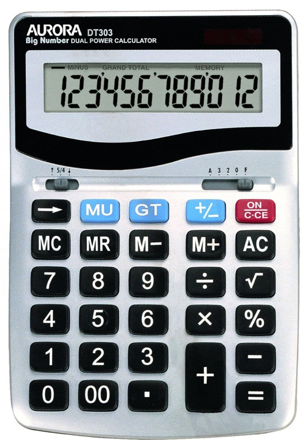Aurora DT303 Desk Calculator 12 Digit Dual Power Solar/Battery