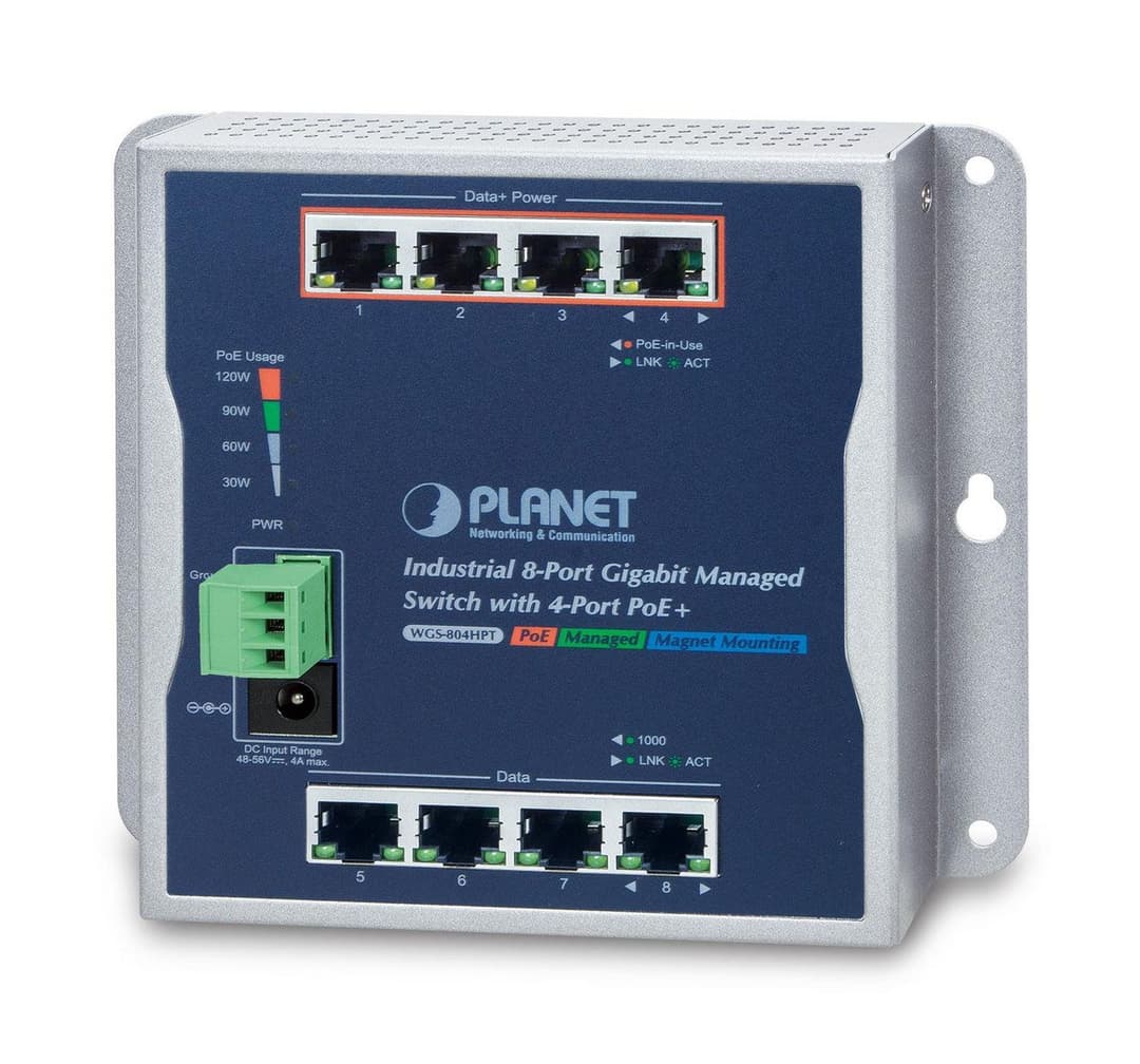 PLANET WGS-804HPT IP30 Industrial 8-Port 10/100/1000T Wall-mount Managed Switch with 4-Port 802.3at PoE+, 144W PoE Budget, IPv6/IPv4, -40 to 75°C - Image 1