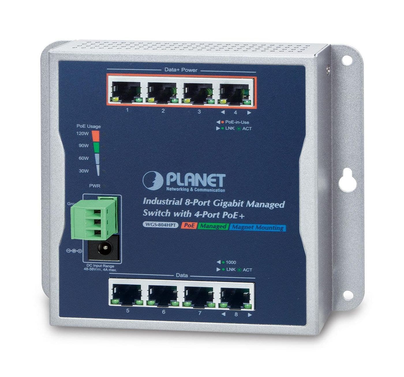 PLANET WGS-804HPT IP30 Industrial 8-Port 10/100/1000T Wall-mount Managed Switch with 4-Port 802.3at PoE+, 144W PoE Budget, IPv6/IPv4, -40 to 75°C