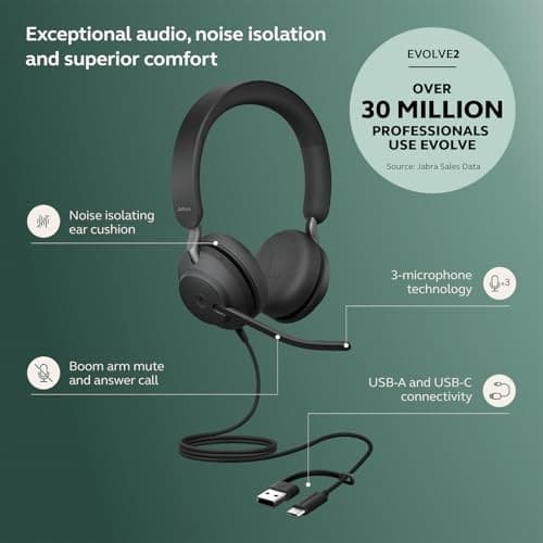 Jabra Evolve2 40 SE UC Stereo Headset - USB-C/A - Black - Image 2