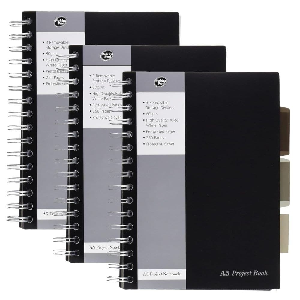 Pukka Pads A5 Black Range Wirebound Project Book Ruled 250 Pages FSC Mix (Pack of 3) - Image 1