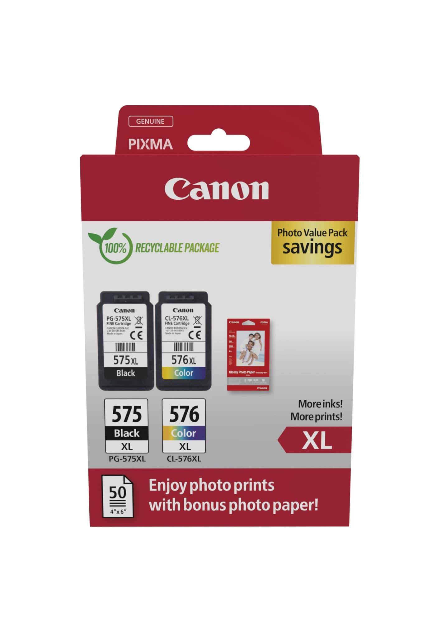 Canon PG-575XL/CL-576XL (5437C006) Ink Cartridge Photo Value Pack 2 pc(s) Original High (XL) Yield Black, Cyan, Magenta, Yellow + 50 Sheets GP-501 10x15cm Glossy Photo Paper