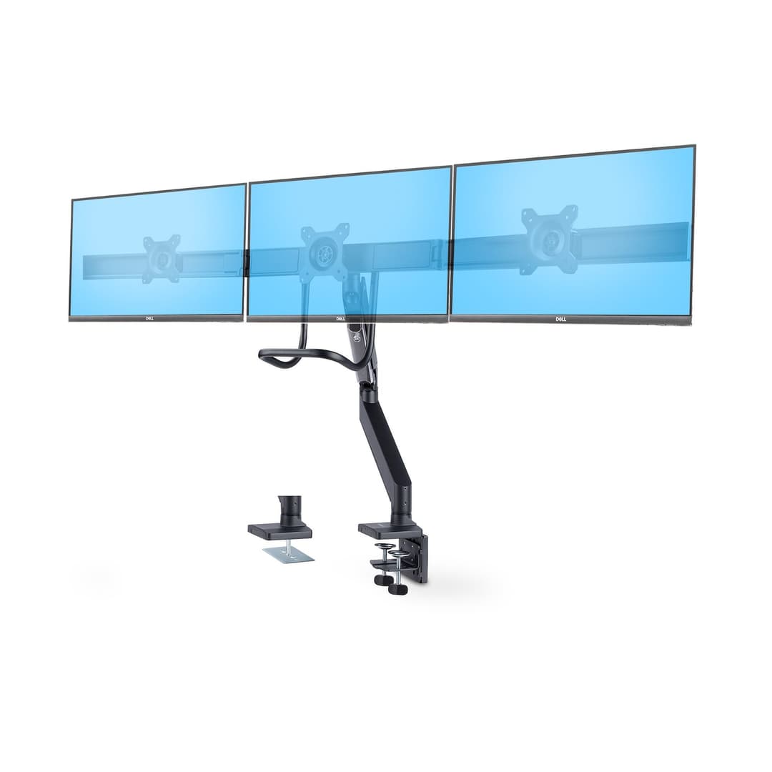 StarTech.com Crossbar Triple Monitor Desk Mount For Up To Three 27in Screens, VESA 75x75/100x100, Tool-Less Arm Adjustments, C-Clamp/Grommet, Spring-Assisted Arm - Image 1