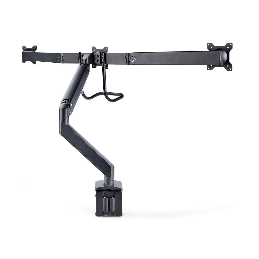 StarTech.com Crossbar Triple Monitor Desk Mount For Up To Three 27in Screens, VESA 75x75/100x100, Tool-Less Arm Adjustments, C-Clamp/Grommet, Spring-Assisted Arm - Image 2