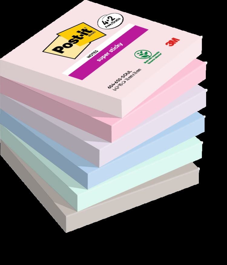 Post it Pack of 6 Super Sticky Notes Soulful Colours 76x76mm 90 Sheets