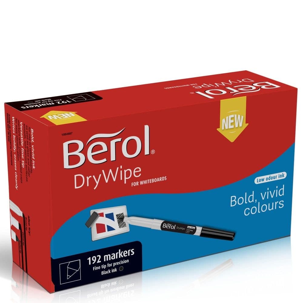 Berol Dry Wipe Whiteboard Marker Pens Black Fine Tip Pack of 192 - Image 1