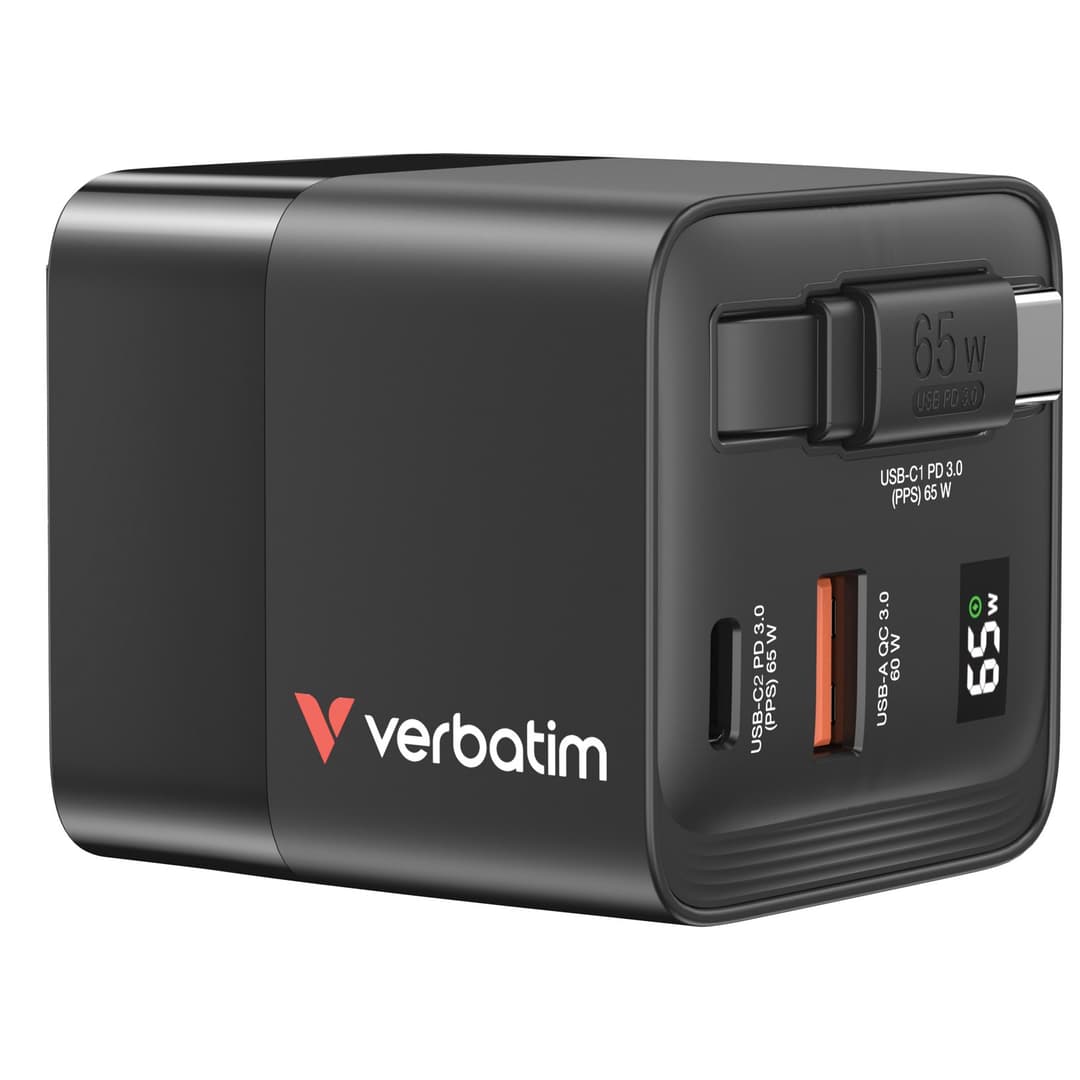 Verbatim GaN Wall Charger 65W 2 Port with Retractable USB-C Cable and Output Power Display, 1 x USB-C PD 65W / 1 x USB-A QC 3.0, Foldable US Plug with EU and UK Adaptors - Image 1