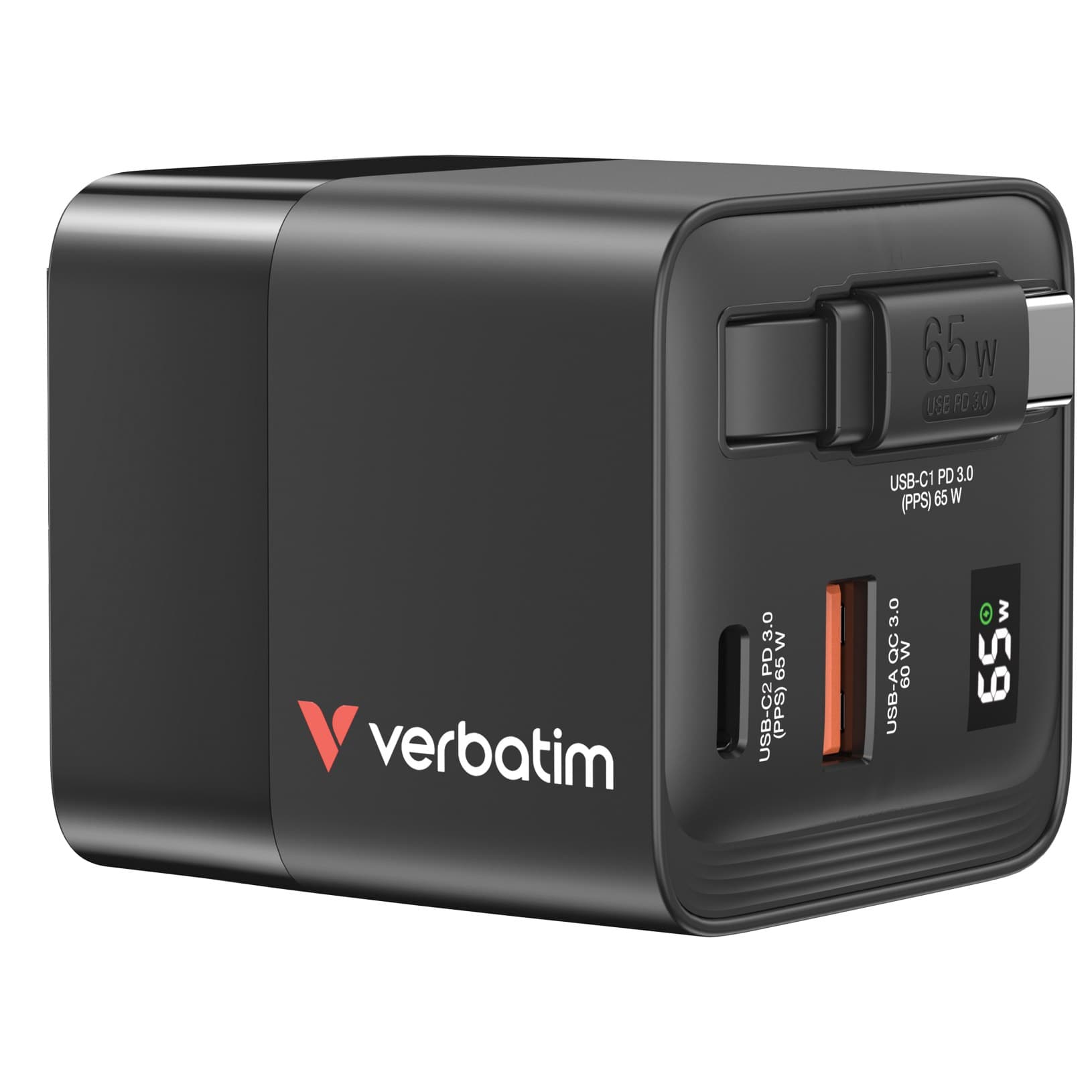 Verbatim GaN Wall Charger 65W 2 Port with Retractable USB-C Cable and Output Power Display, 1 x USB-C PD 65W / 1 x USB-A QC 3.0, Foldable US Plug with EU and UK Adaptors