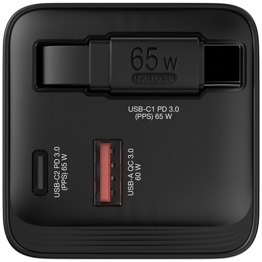 Verbatim GaN Wall Charger 65W 2 Port with Retractable USB-C Cable and Output Power Display, 1 x USB-C PD 65W / 1 x USB-A QC 3.0, Foldable US Plug with EU and UK Adaptors - Image 2