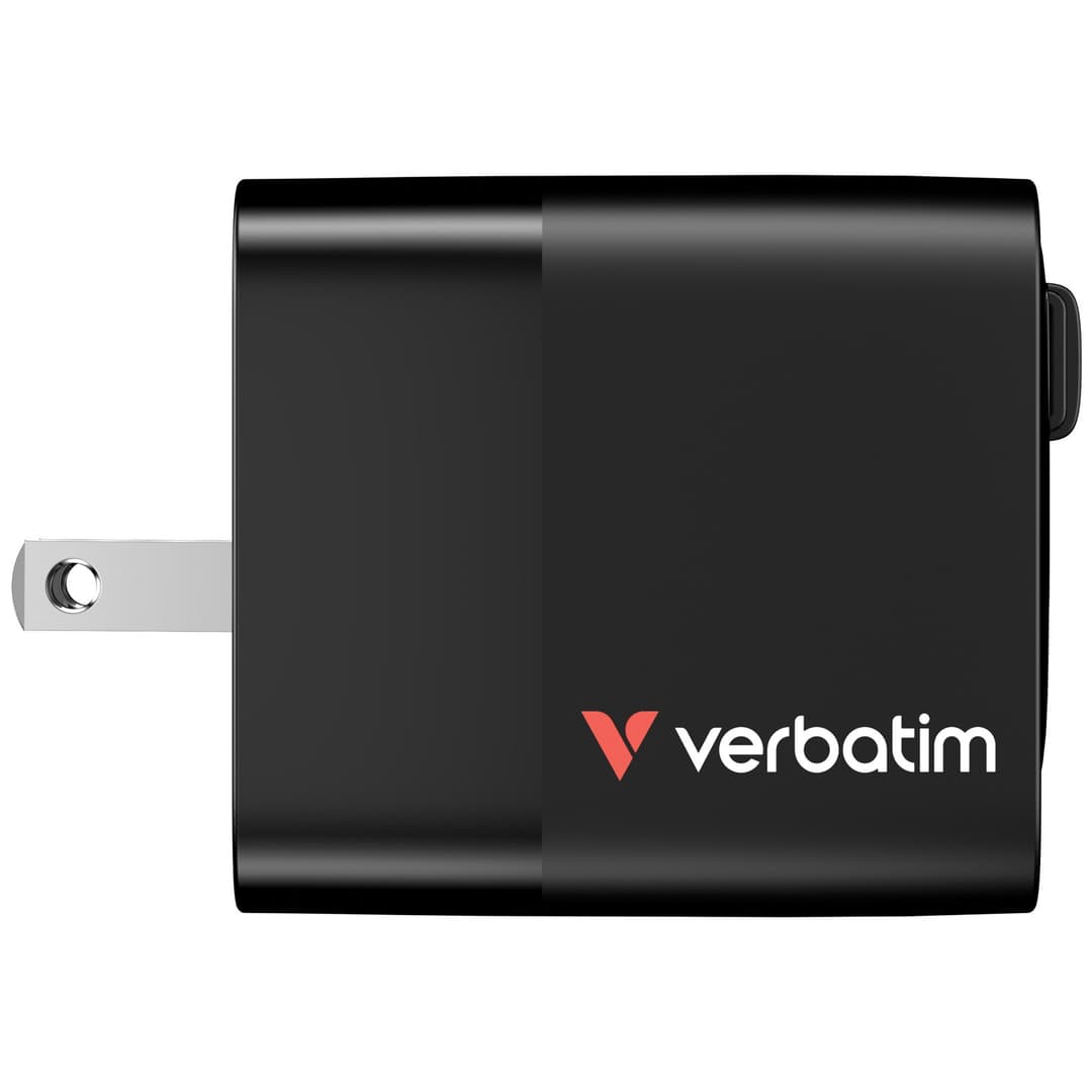 Verbatim GaN Wall Charger 65W 2 Port with Retractable USB-C Cable and Output Power Display, 1 x USB-C PD 65W / 1 x USB-A QC 3.0, Foldable US Plug with EU and UK Adaptors - Image 4