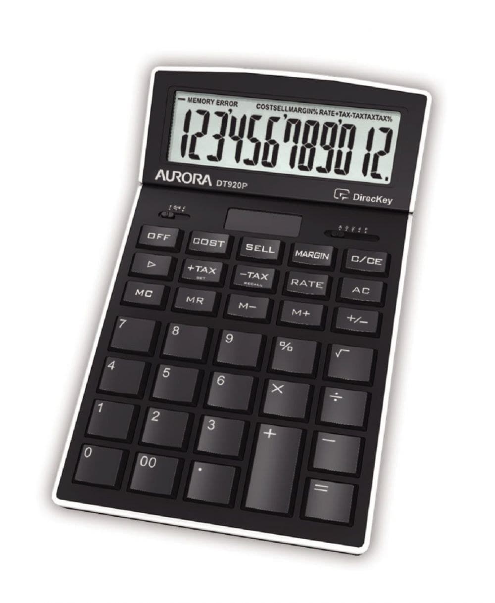 Aurora DT920P 12 Digit Desk Calculator, Adjustable LCD Display, Cost-Sell-Margin & Tax (VAT) Keys, Solar with Battery Backup, Black