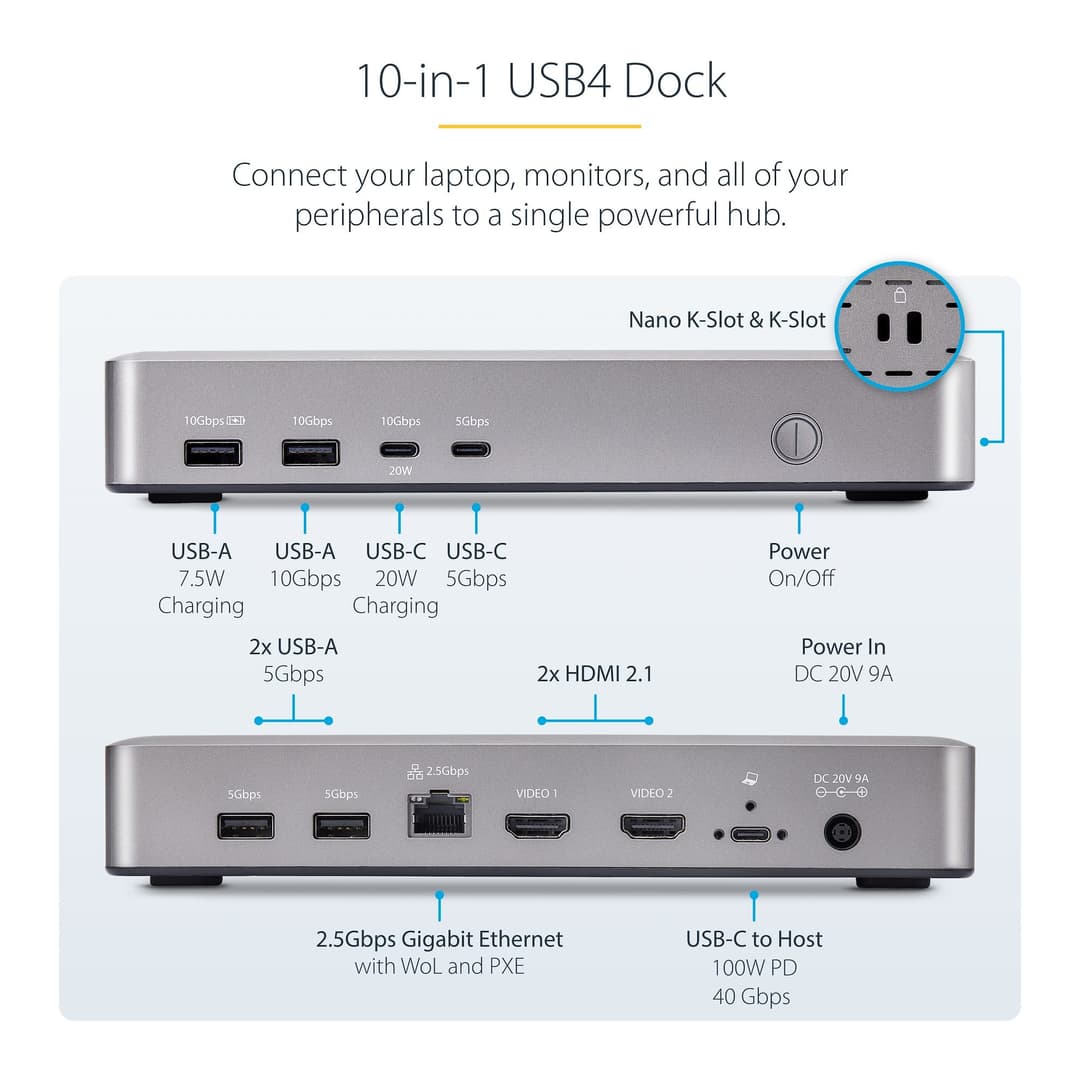 StarTech.com Dual-Monitor USB4 Docking Station, Dual 4K 120Hz or Single 8K 60Hz HDMI, 100W Laptop Charging, 2.5GbE, USB-C Multi-Monitor Dock, Driverless - Image 3