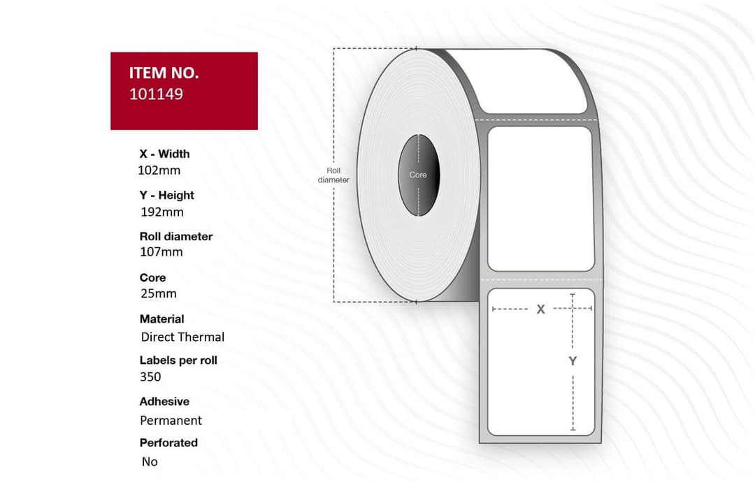 Capture Label 102 x 192mm - Core 25mm. White. Uncoated. Direct Thermal. Permanent. No perforation. 350 labels per roll. 18 rolls per box - Image 1