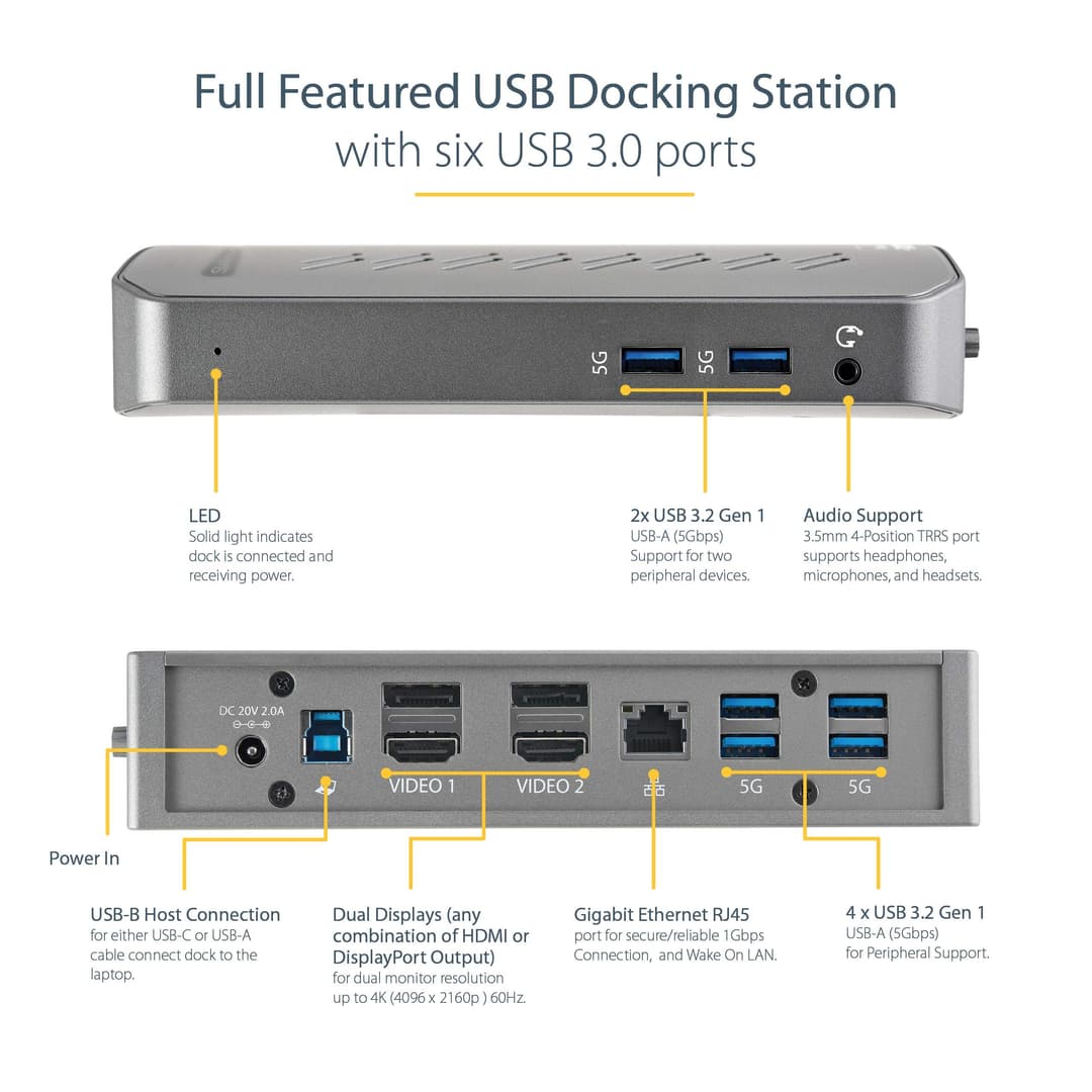 StarTech DK30A2DHU USB-C USB-A Dock - Hybrid Universal USB 3.0 Docking Station for USB-C or USB-A Laptop - Dual Monitor 4K 60Hz HDMI/DisplayPort - 6x USB-A, GbE - USB 5Gbps - Windows/Mac - Image 4