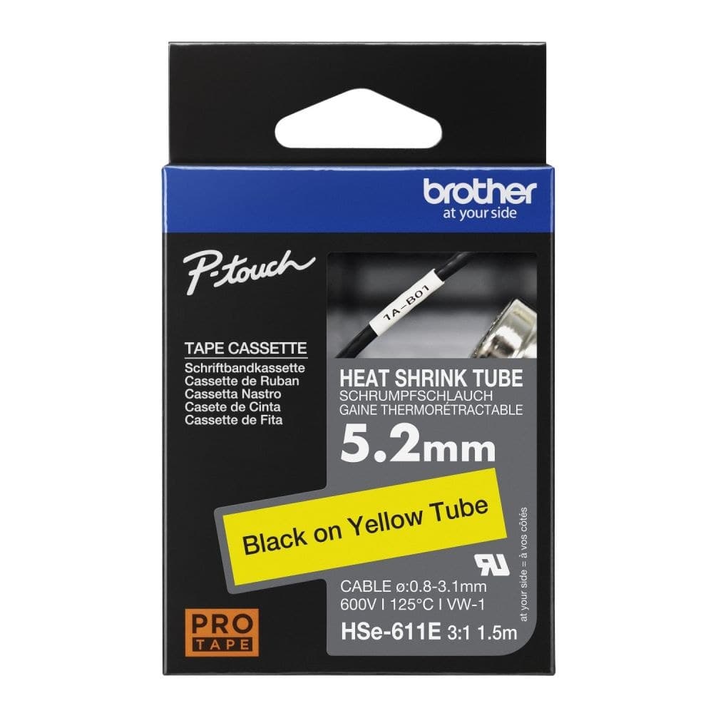 Brother HSe-611E 5.2mm x 1.5m Black on Yellow Heat Shrink Tube Tape Cassette - Image 1