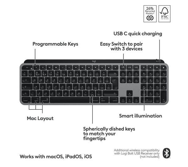 Logitech MX Keys S for Mac Wireless Illuminated Keyboard UK QWERTY - Space Grey - Image 6
