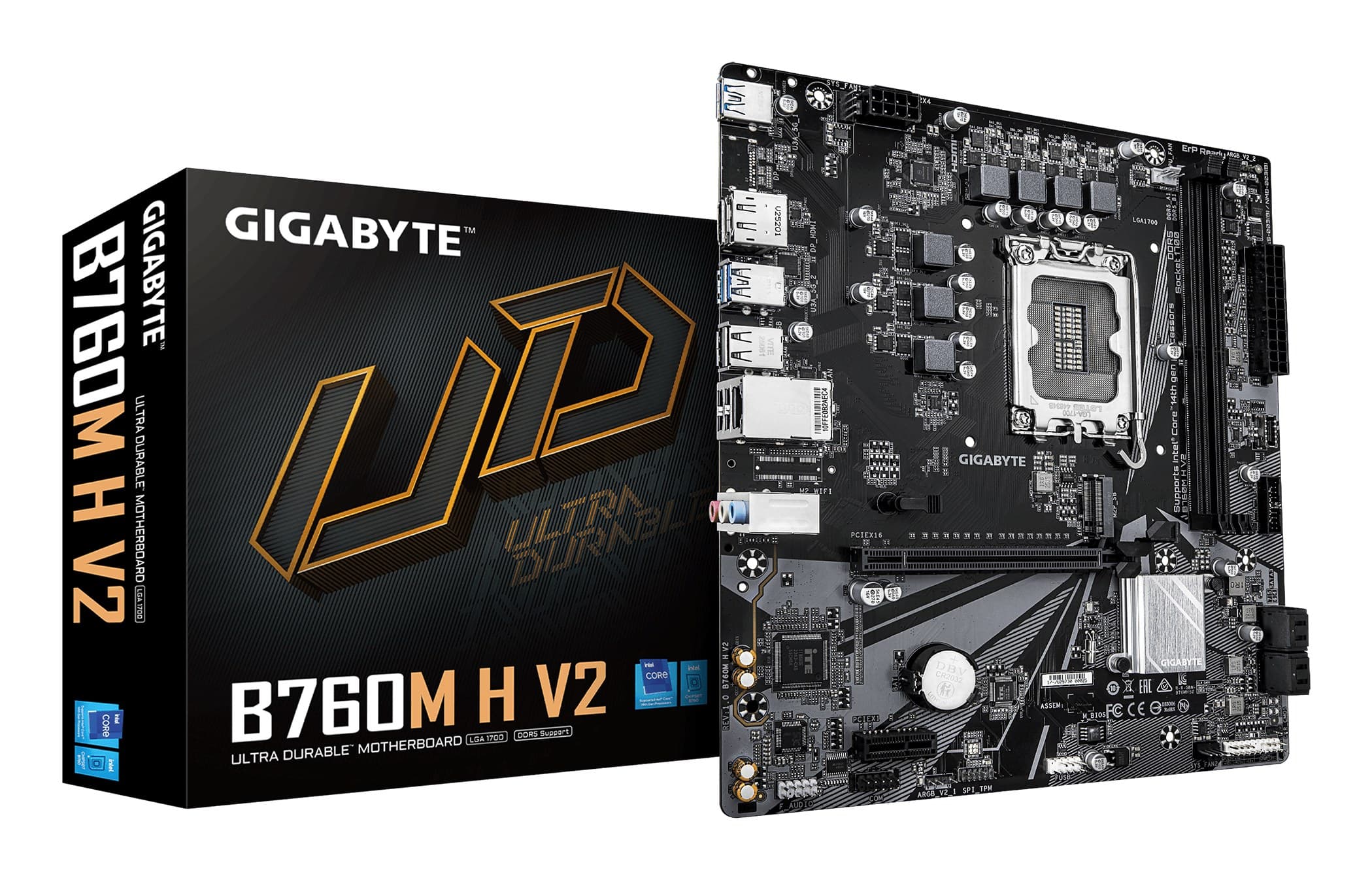 GIGABYTE B760M H V2 Micro-ATX Motherboard - Intel B760 Chipset, LGA 1700 Socket, Supports Intel Core 14th Gen CPUs, 5+1+1 Phases Digital VRM, up to 8000MHz DDR5 (O.C.), 1xPCIe 4.0 M.2, 1GbE LAN, USB 3.2 Gen1