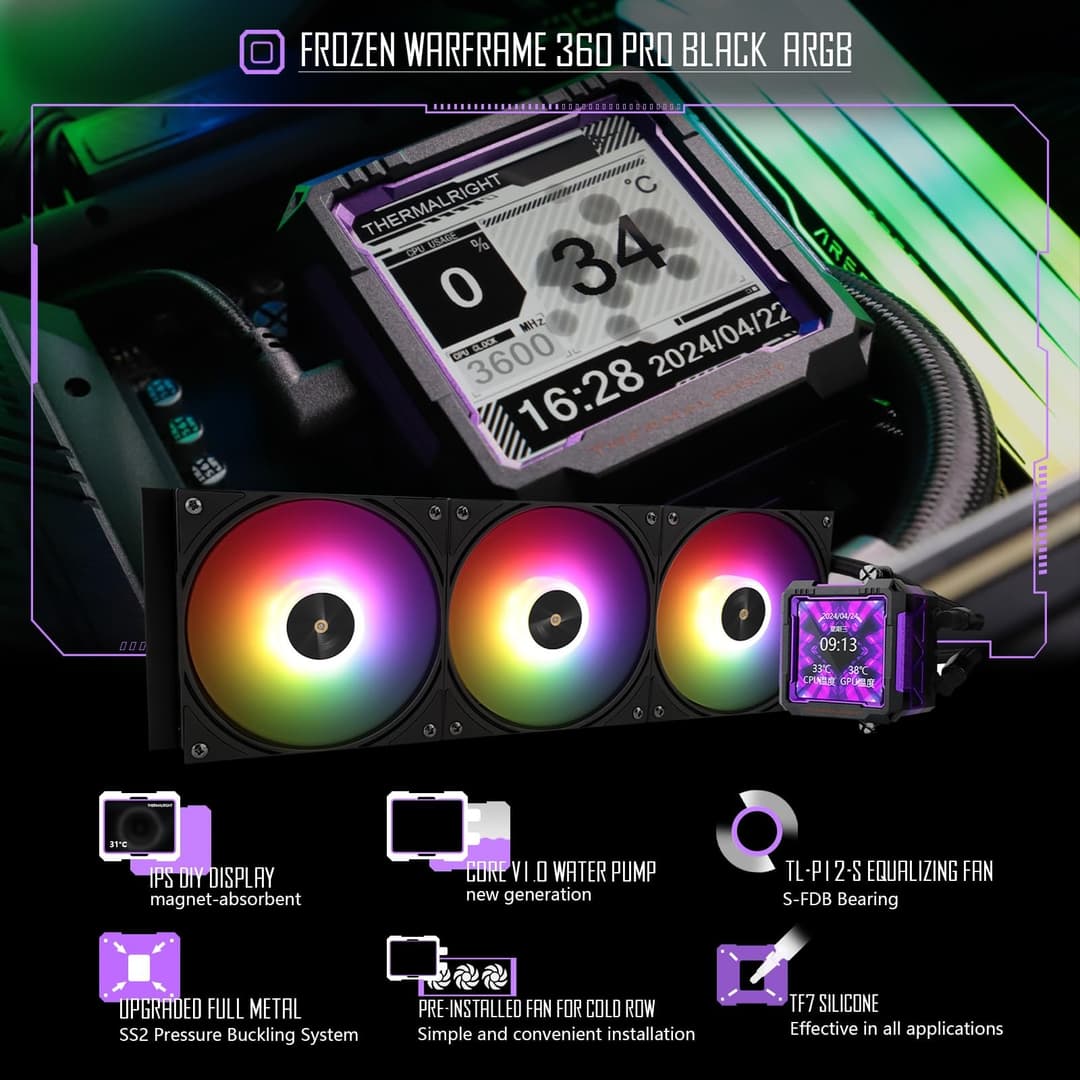 Thermalright Frozen Warframe PRO 360 Black ARGB LCD AIO CPU Liquid Cooler - Black - Image 3