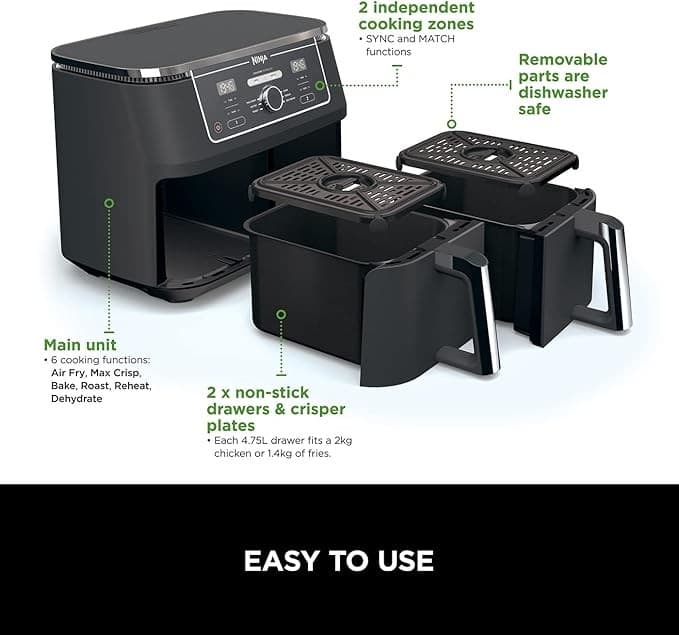 Ninja Foodi MAX Dual Zone AF400UK 9.5L 2-Drawer Air Fryer 2470W Black - Image 2
