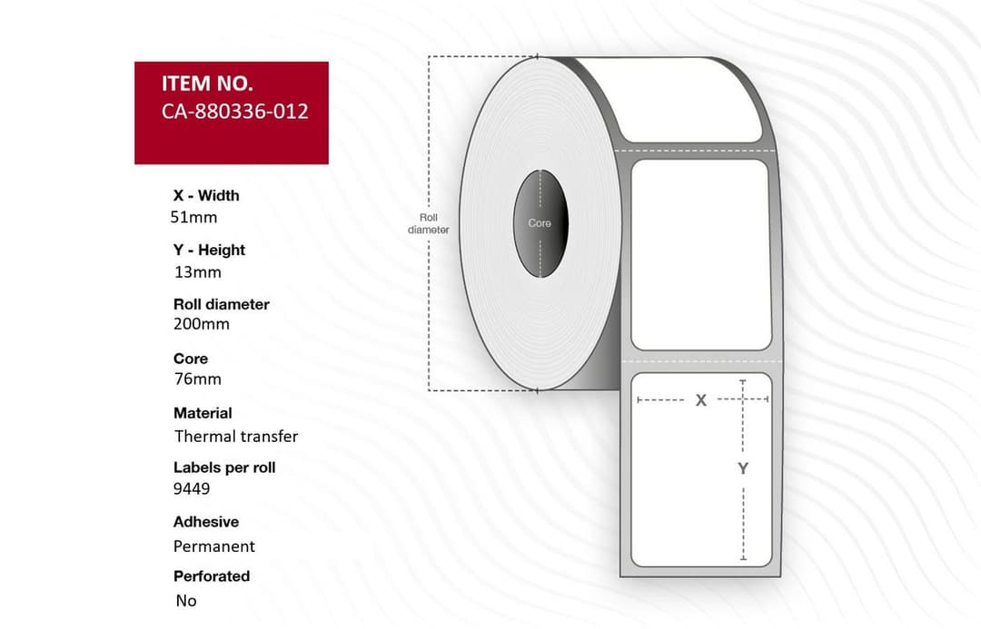 Capture Label 51 x 13mm, Core 76mm, Thermal Transfer, Polyester, Permanent, No perforation, 9449 labels per roll, 10 rolls per box (CA-880336-012) - Image 1