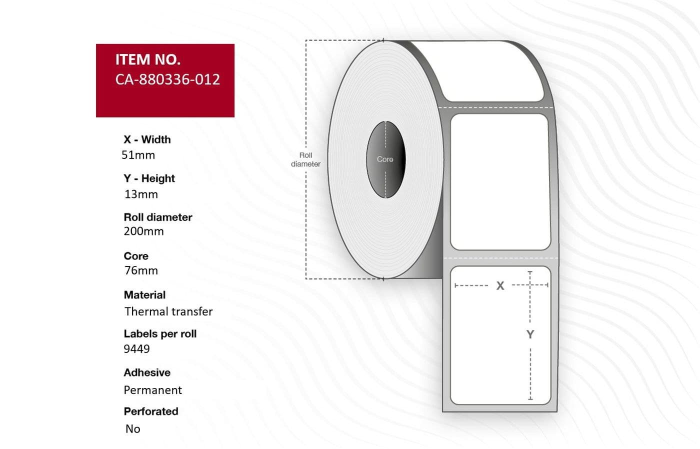 Capture Label 51 x 13mm, Core 76mm, Thermal Transfer, Polyester, Permanent, No perforation, 9449 labels per roll, 10 rolls per box (CA-880336-012)