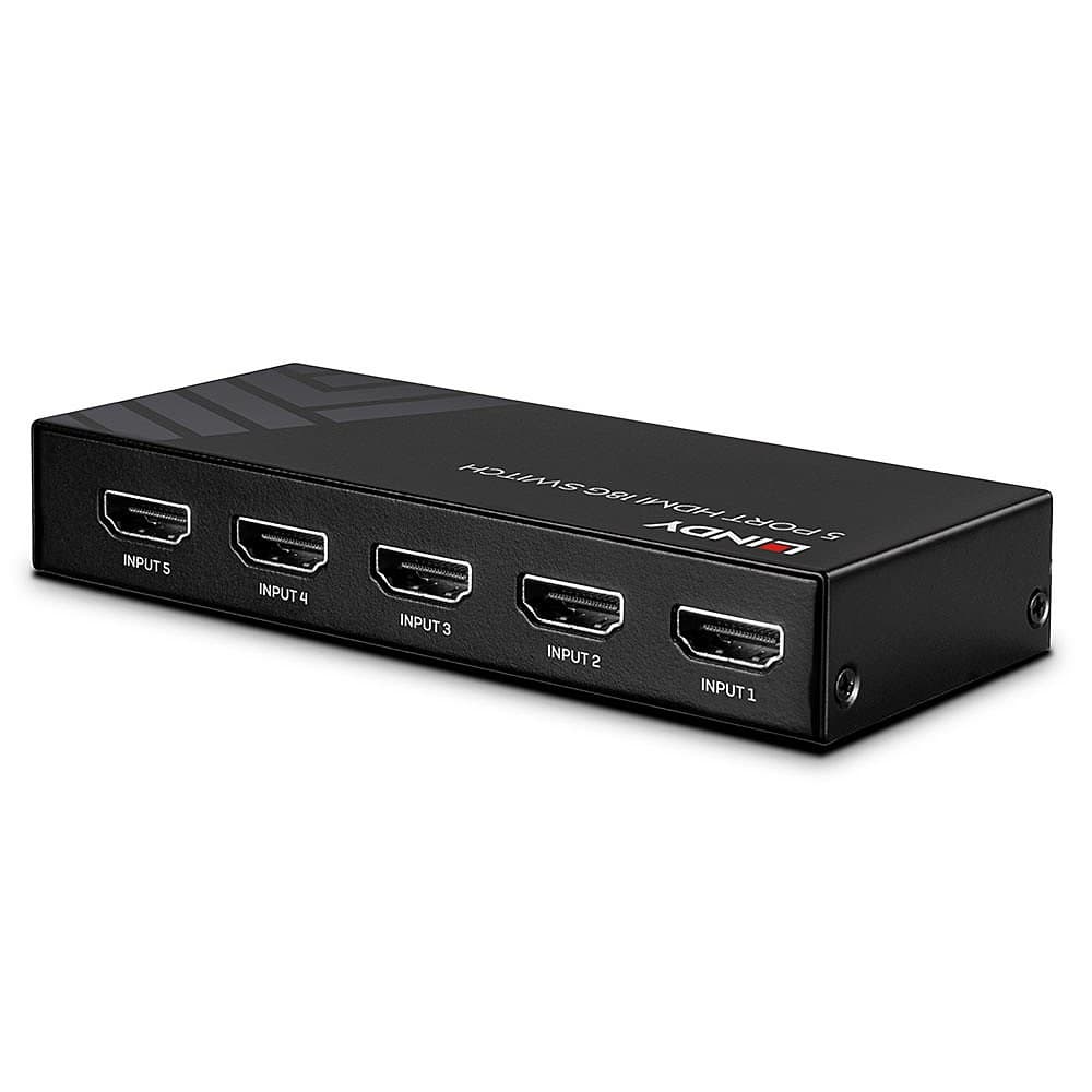 Lindy 38233 5 Port HDMI 18G Switch, 4K 60Hz HDR, 5 In 1 Out, IR Remote & Power Supply Included - Image 2